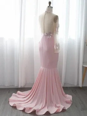 sexy sheer pink sequin lace mermaid prom dress