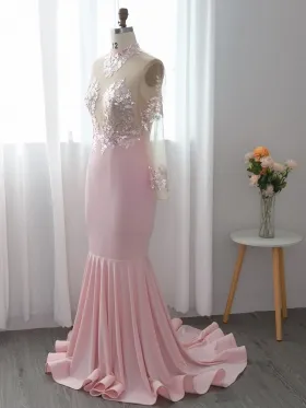 sexy sheer sequin lace top with pink spandex bottom mermaid prom dress