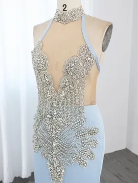 sheer beading sexy African American prom dress