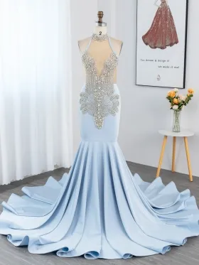 silver beading and sky blue spandex mermaid black girl prom dress