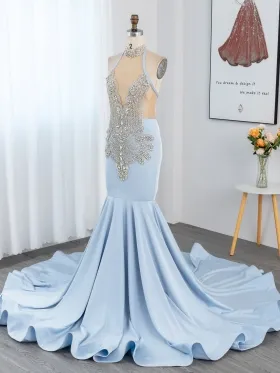 sky blue mermaid black girl beading prom dress