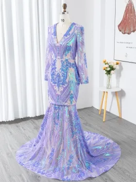 iridescent lavender sequin mermaid long sleeve prom dress