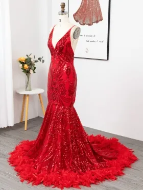 V neck red sequin and feather train prom dress