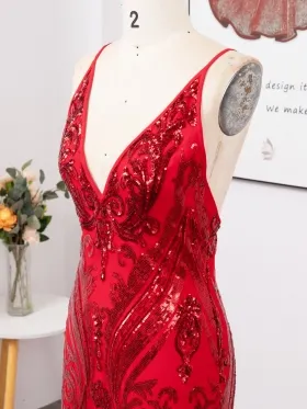 abstract pattern red sequin V neck dress