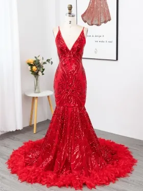 abstract pattern red sequin and feather V neck prom dress