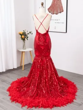 spaghetti strap low back red sequin and feather prom dress