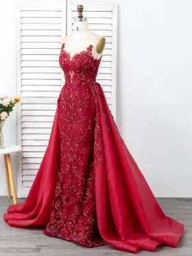 beaded wine lace long prom dress with a floor length overskirt beaded wine lace long prom dress with a floor length overskirt