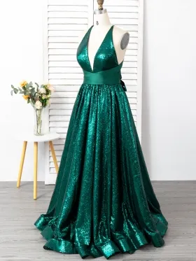 deep V neck emerald sequin prom gown