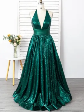 shiny emerald sequin glitter deep V neck prom gown
