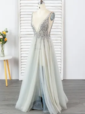 beaded deep V gray tulle slit long dress beaded deep V gray tulle slit long dress