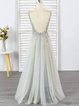 beaded low back gray tulle long dress