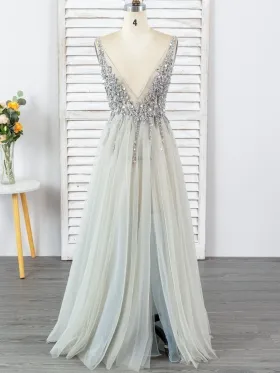 beaded smoky gray tulle sexy plunging neck long dress