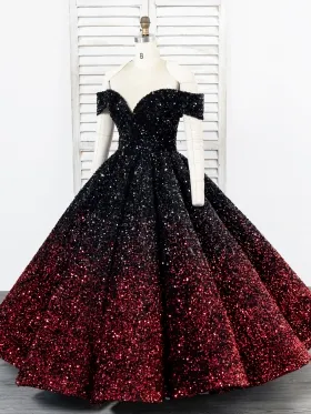 black and red ombre off shoulder prom gown