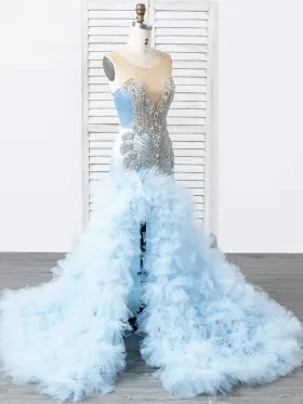 heavily beaded ruffled tulle mermaid prom dress