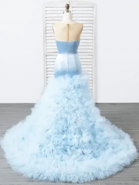 sky blue ruffled tulle mermaid prom dress