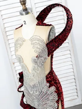 silver beading and black red sequin one strap prom dress silver beading and black red sequin one strap prom dress