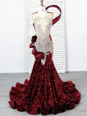 unique single strap black red sequin mermaid prom dress