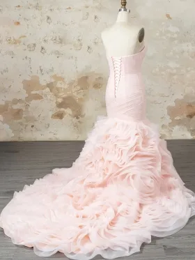 cascading ruffled train blush organza mermaid wedding dress cascading ruffled train blush organza mermaid wedding dress