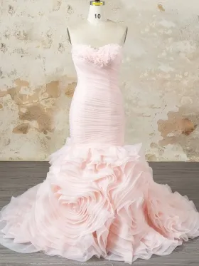gorgeous cascading ruffled blush organza mermaid bridal gown