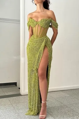 lime green lightweight lurex slit sheath long prom gown