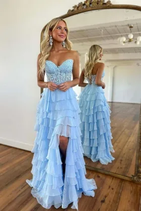 light blue lace and tiered chiffon slit birthday dress