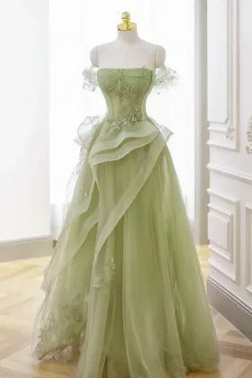 floral appliqued fairytale sage green tulle formal gown