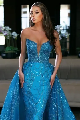 ocean blue glitter overskirt prom gown