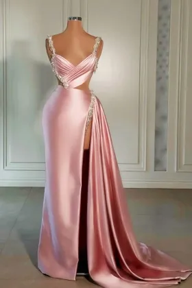 sexy cut out beaded pearl pink satin slit long prom gown