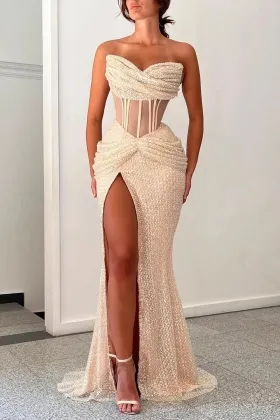 shimmering champagne nude lurex sheath slit evening gown