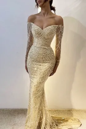 sparkling beadwork long sleeve mermaid prom dress