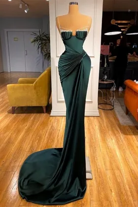 asymmetrical pleated dark green satin beaded prom dress