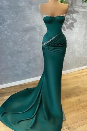 asymmetrical ruched deep emerald satin beaded prom dress