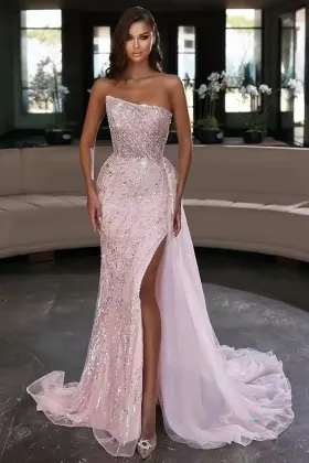 stunning beaded blushing pink strapless slit prom gown