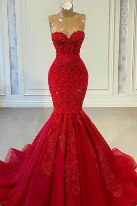 strapless sweetheart beaded red lace mermaid formal gown
