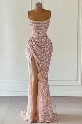 asymmetrical ruched pink glitter body hugging prom gown