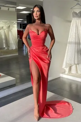 sexy strapless high slit watermelon sheath prom dress