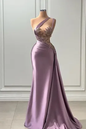 elegant purple satin one shoulder beaded evening dress