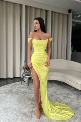 off the shoulder glitter yellow sweep train prom dress
