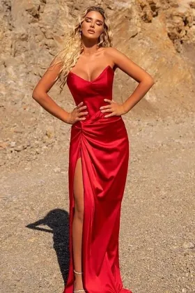 simple red satin strapless v neck slit graduation dress
