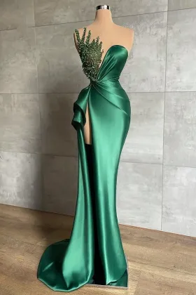 emerald green satin beaded sexy high slit prom dress
