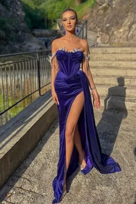 gorgeous regency velvet off shoulder prom gown with slit