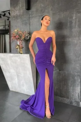 strapless ruched purple spandex slim fit prom dress