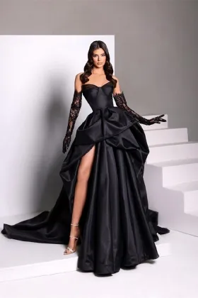 strapless black satin draped slit designer formal gown