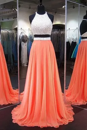 beading orange chiffon two piece lovely prom dress