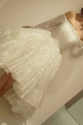 sparkly ivory glitter sleeved high low prom dress