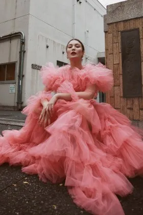 Gorgeous ruffled tiered watermelon tulle dress