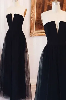simply chic black strapless V neck long party dress