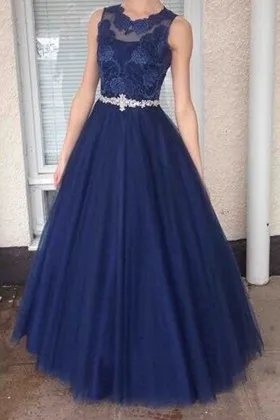modest navy blue lace tulle illusion neck dress