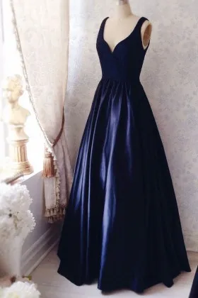 navy lace satin V neck wide straps formal dress