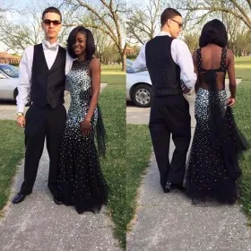 Bedazzling Diamond Beaded Black Tulle Prom Dress